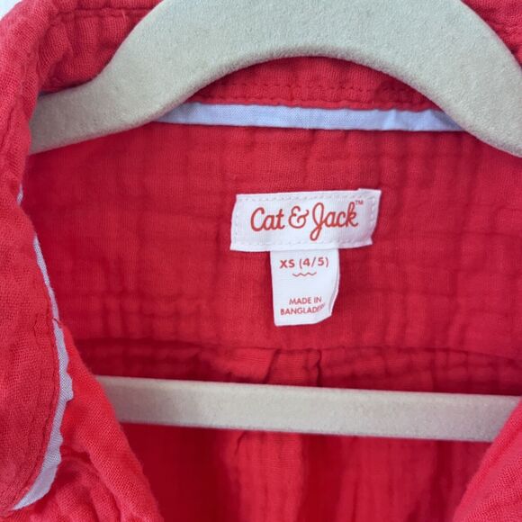 Cat & Jack Boys Button Up Light weight 100% Cotton Linen Style Red Shirt - XS - Picture 4 of 6
